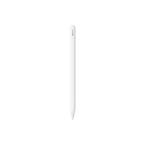 Weißer Apple Pencil auf weißem Hintergrund. Die Spitze zeigt nach unten.