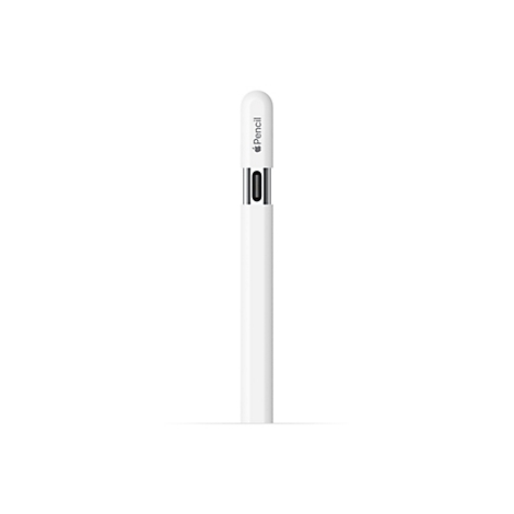 Weißer Apple Pencil mit Logo und Spitze nach oben, vor weißem Hintergrund. Der Stift hat eine längliche Form mit einer abgerundeten Spitze.