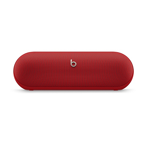 Roter Beats-Lautsprecher vor weißem Hintergrund. Das 'b' Logo ist silberfarben.