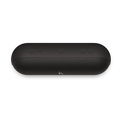 Vue de dessus d'un haut-parleur noir avec des commandes telles qu'un bouton d'alimentation, le volume et le Bluetooth.