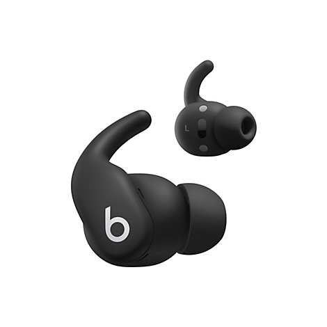 Deux écouteurs noirs, un avec la lettre "L", sur fond blanc. L'autre a un "b" blanc sur le côté.