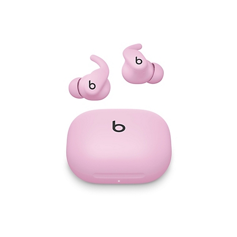 Écouteurs sans fil rose clair et étui de chargement sur fond blanc. Chaque produit porte un logo "b" noir.