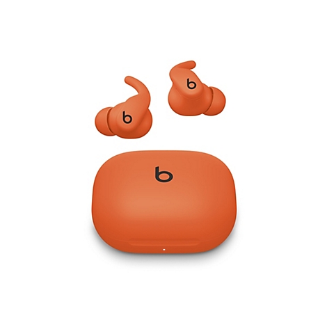 Écouteurs sans fil et étui de chargement orange sur fond blanc. Les écouteurs et l'étui affichent le logo 'b'.