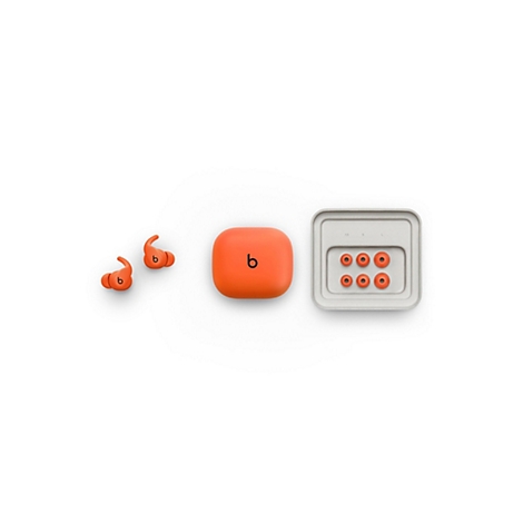 Écouteurs et accessoires orange, comprenant un étui de chargement et des embouts d'oreille de différentes tailles, sur fond blanc.