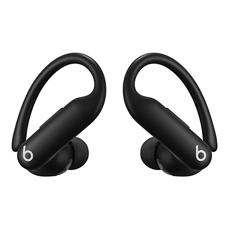 Deux écouteurs noirs avec des crochets d'oreille et un logo blanc sur fond blanc.