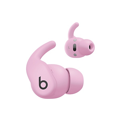 Zwei pinke kabellose Ohrhörer, eines mit einem "b"-Logo, das andere mit "L".