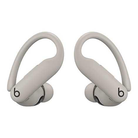 Zwei graue kabellose Ohrhörer mit Bügeln, Beats Logo.