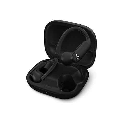 Schwarzes Beats Kopfhörer-Ladecase mit einem offenen Ohrhörer, der das weiße Beats-Logo zeigt.