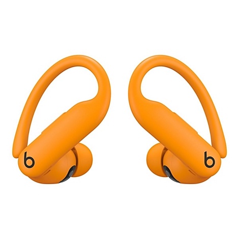 Zwei orangefarbene Ohrhörer mit schwarzem "b"-Logo auf weißem Hintergrund.