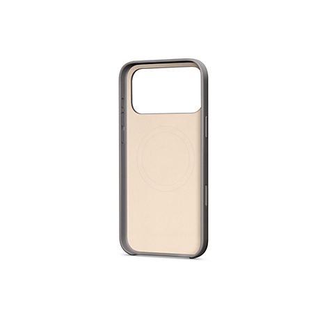 Hellbeige Handyhülle für Smartphone. Schwarzer Rahmen, kreisförmige Markierung auf der Rückseite.