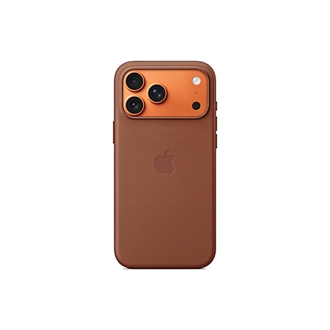 Rückansicht eines braunen Handys mit drei Kameras, einem Blitz und dem Apple-Logo. Der Hintergrund ist weiß.