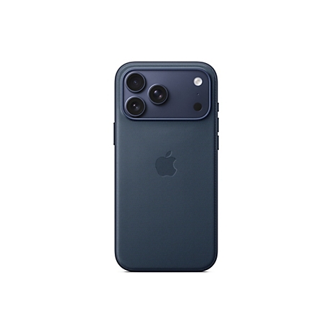 Rückseite eines dunkelblauen Smartphones, mit drei Kameras, einem Blitz und einem Apple-Logo.