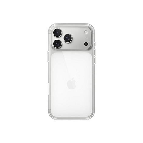 Rückseite eines iPhones in einer transparenten Hülle. Man sieht die Kameras, das Apple-Logo und die seitlichen Knöpfe.