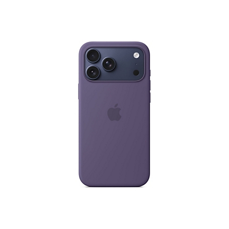 Ein lilafarbenes Smartphone mit einer Hülle, das Apple-Logo auf der Rückseite. Drei Linsen oben.