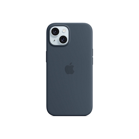 Dunkelblaues Apple Silikon-Case für iPhone 15, Rückseite mit Kamera-Aussparung und Apple-Logo.