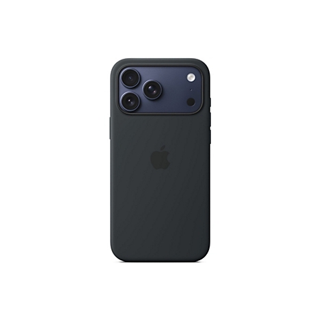 Dunkelgraues iPhone mit Kameramodul, Apfel-Logo und Hülle.
