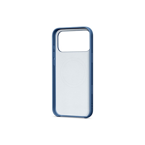 Blau-transparente Handyhülle, weißer Hintergrund. Tasten, Kanten und Aussparung für Kamera.