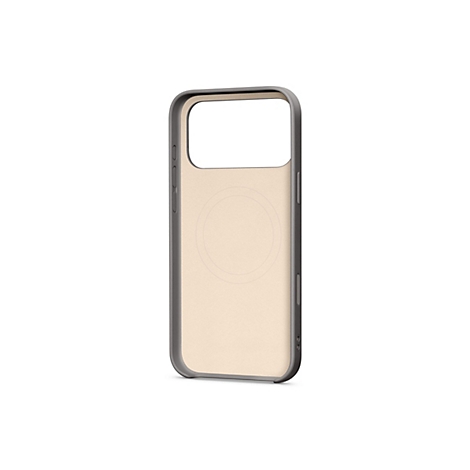Ein hellbraunes Handycase mit dunklem Rahmen. Auf der Rückseite ist ein magnetisches Kreismuster sichtbar.