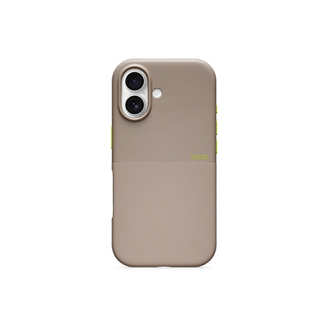 Coque de téléphone beige avec des accents verts et le logo Beats, sur fond blanc. La partie inférieure a une surface texturée.