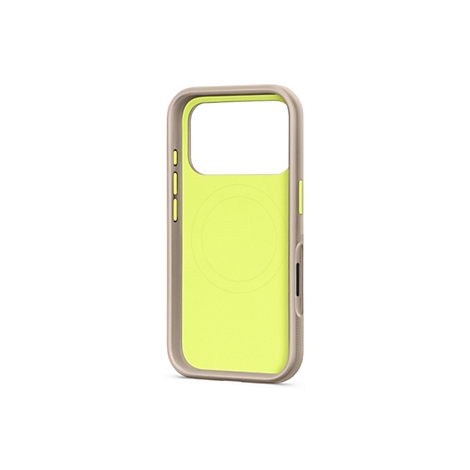 Coque de téléphone vert clair avec un cadre beige sur fond blanc. Renfoncement rond à l'arrière.