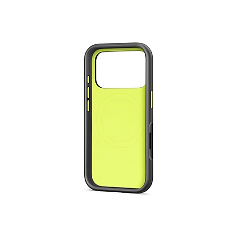 Coque de téléphone noire avec intérieur jaune néon. L'étui comporte des découpes pour l'appareil photo et les boutons.
