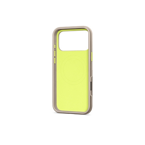 Un étui pour iPhone vert citron avec un cadre beige sur fond blanc. L'étui comporte des découpes pour l'appareil photo et les boutons.