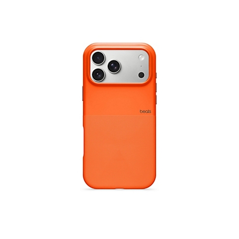 Coque de téléphone Beats orange avec zone de caméra argentée et trois objectifs. Texte : beats.