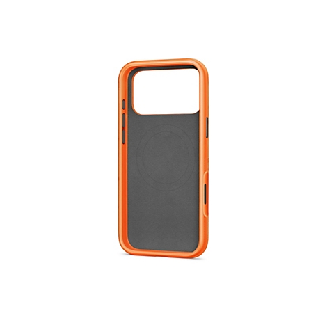 Coque de téléphone orange vif, vue arrière. Intérieur gris, gaufrage rond, entouré d'un cadre orange.