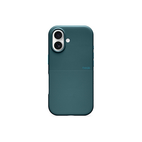 Coque de smartphone vert foncé avec deux textures de surface différentes. La partie supérieure est lisse, la partie inférieure présente un motif pointillé. Le lettrage "beats" est visible sur la coque.
