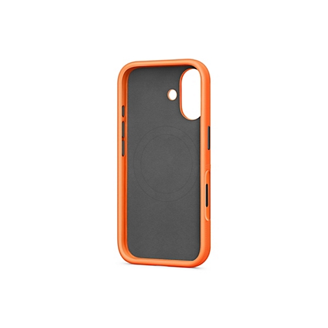 Coque de téléphone orange avec intérieur gris. La coque possède des découpes pour l'appareil photo et les boutons.
