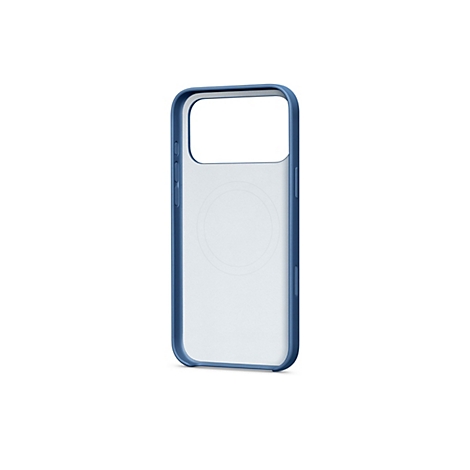 Blaues Handycase vor weißem Hintergrund. Das Case hat eine klare Rückseite und einen blauen Rahmen, um das Handy. Es zeigt die Position des Kameras.