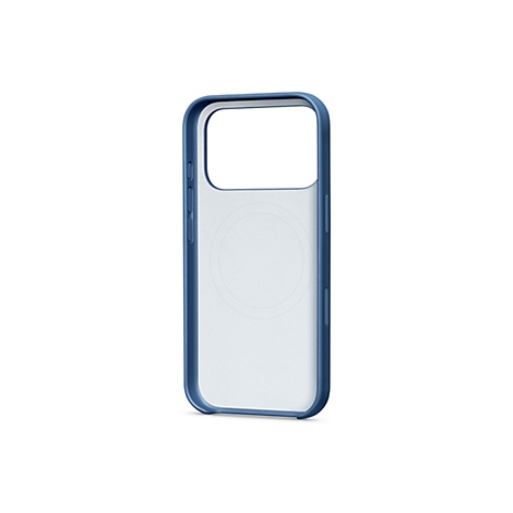Ein durchsichtiges Handycase mit blauem Rahmen vor weißem Hintergrund. Sichtbar sind Aussparungen für Kamera, Buttons und Ladeanschluss.