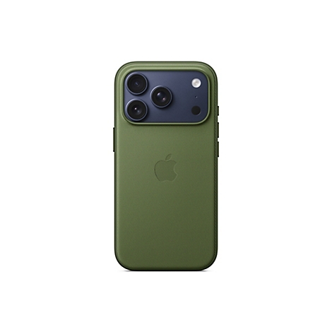 Rückansicht eines iPhones in einer grünen Hülle. Auf der Rückseite sind drei Kameraobjektive und ein Blitz zu sehen. Unten das Apple-Logo.