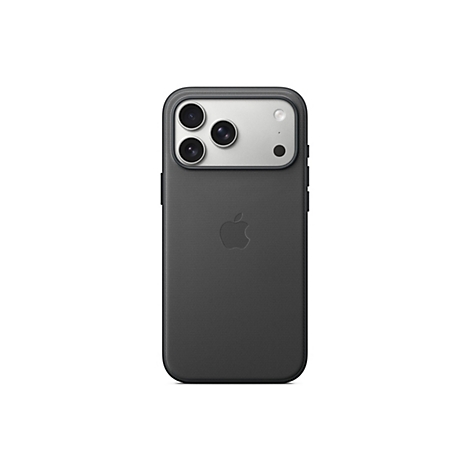 Rückansicht eines dunklen Smartphones in einer Hülle, die Kameraobjektive und das Apple-Logo sind sichtbar.