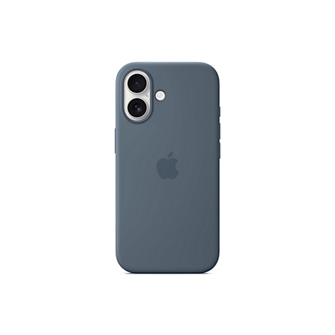 Blau-graue Handyhülle mit Apple-Logo; Kameras an der Oberseite. Auf weißem Grund.