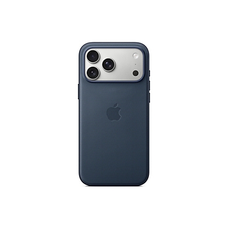 Dunkelblaues iPhone mit Kameramodulen und Apple-Logo, Nahaufnahme vor weißem Hintergrund.