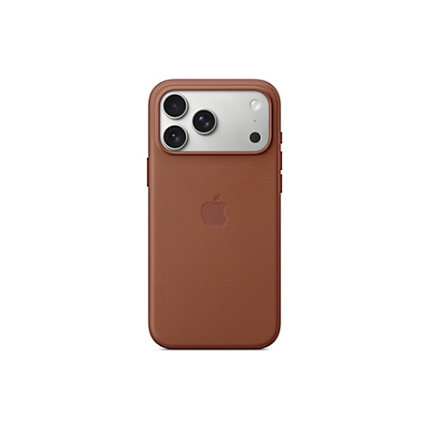 Rückseite eines braunen Handy-Cases mit drei Kameralinsen, einem Blitz und einem Apple-Logo.