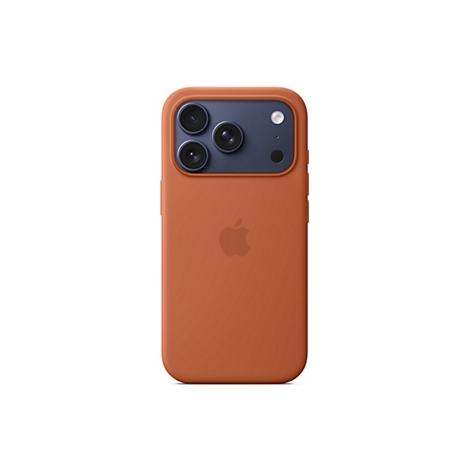 Rückansicht eines iPhones in einer orangefarbenen Hülle. Oben befinden sich drei Objektive und ein Blitz. Darunter das Apple-Logo.