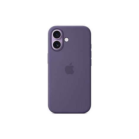 Lila Silikonhülle für iPhone mit Apple-Logo auf der Rückseite und Aussparung für die Doppelkamera.