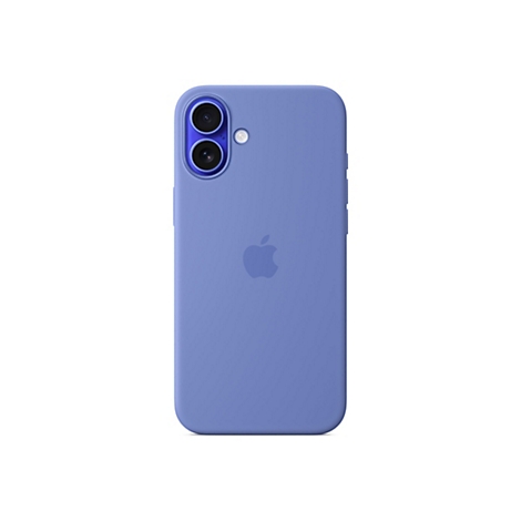 Hellblaues iPhone-Case mit Apple-Logo auf weißem Hintergrund. Zwei Kameralinsen und Blitz sichtbar.