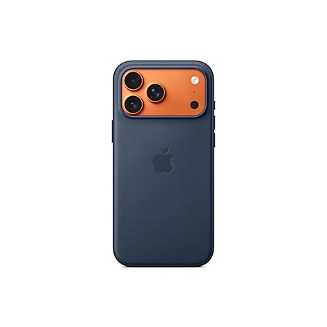 Rückseite eines Smartphones in Blau mit orangefarbenem Kameramodul. Apple-Logo in der Mitte.