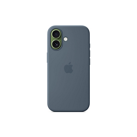 Hellblaues Smartphone-Case mit Apple-Logo. Zwei Kameraobjektive und ein Blitz oben, auf weißem Hintergrund.