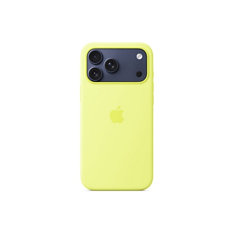 Ein hellgelbes iPhone mit Kamera-Modul, das in einer hellgelben Hülle steckt. Auf der Rückseite ist das Apple-Logo zu sehen.