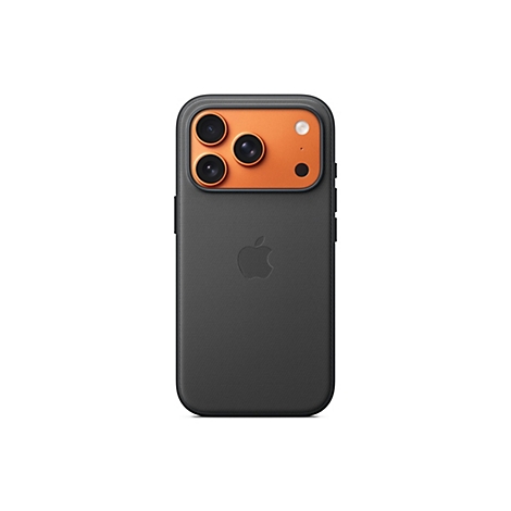 Rückansicht eines grauen Smartphones mit orangefarbenem Kameramodul, drei schwarzen Objektiven, und Apple-Logo.