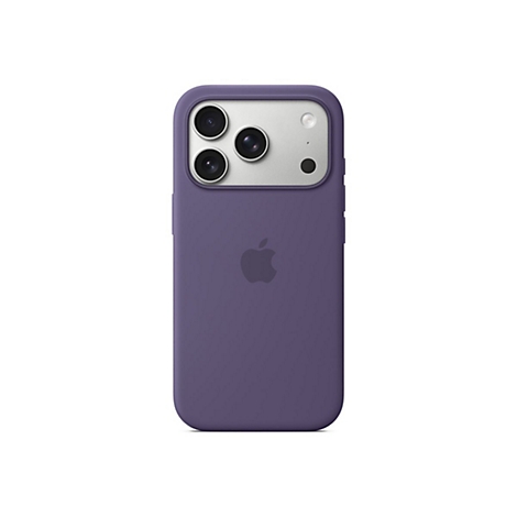 Ein lilafarbenes iPhone mit Hülle auf weißem Hintergrund. Die Rückseite zeigt das Apple-Logo und die Kamera.