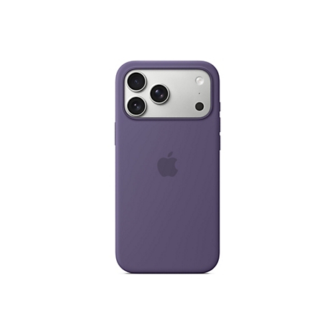 Ein lilafarbenes Smartphone mit einer Hülle, die das Apple-Logo und drei Kameraobjektive zeigt.