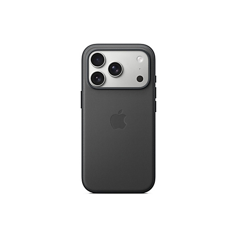 Rückansicht eines dunklen Handys mit drei Kameras, einem Blitz und dem Apple-Logo.