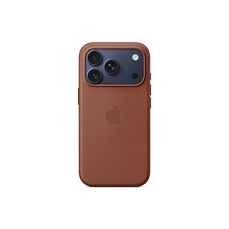Rückansicht eines braunen iPhone-Gehäuses. Drei Linsen in blauem Bereich, darunter ein Blitz und Apple-Logo.
