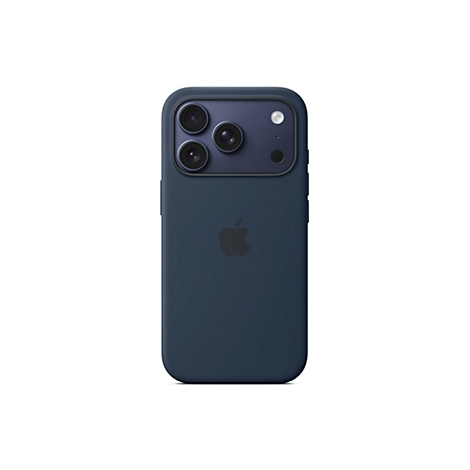Dunkelblaues iPhone mit Apple-Logo auf weißem Hintergrund. Drei Kameras auf der Rückseite.