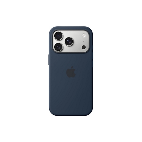 Dunkelblaue Handyhülle mit Apple-Logo; auf der Rückseite Kamera-Modul mit drei Objektiven.